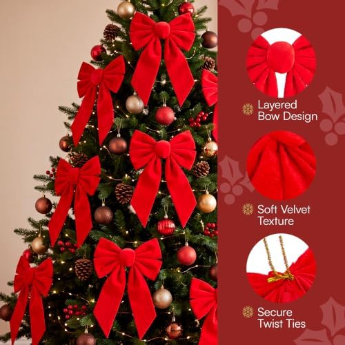 JOYIN 12 Pack Christmas Red Velvet Bows, 13" Long by 9" Wide Decorative Christmas Bows for Wreath Garland Tree Decor, Indoor Outdoor Holiday Decoration