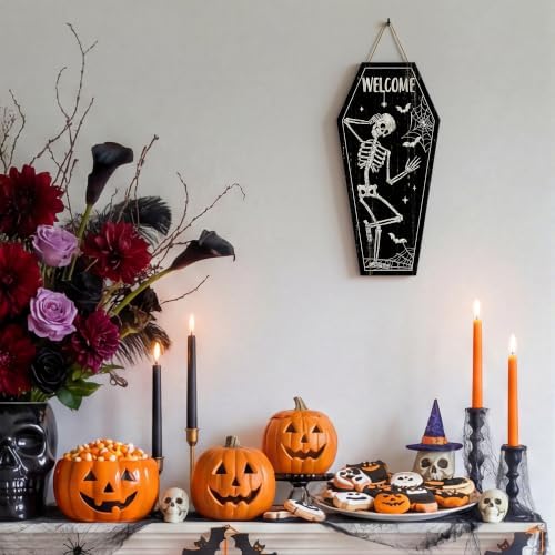 Smile Halloween Wooden Door Hanger with Welcome Skeleton Coffin Design