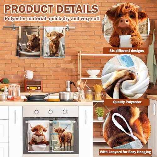 Redbaker 6 Highland Cow Kitchen Towels with Hanging Loop