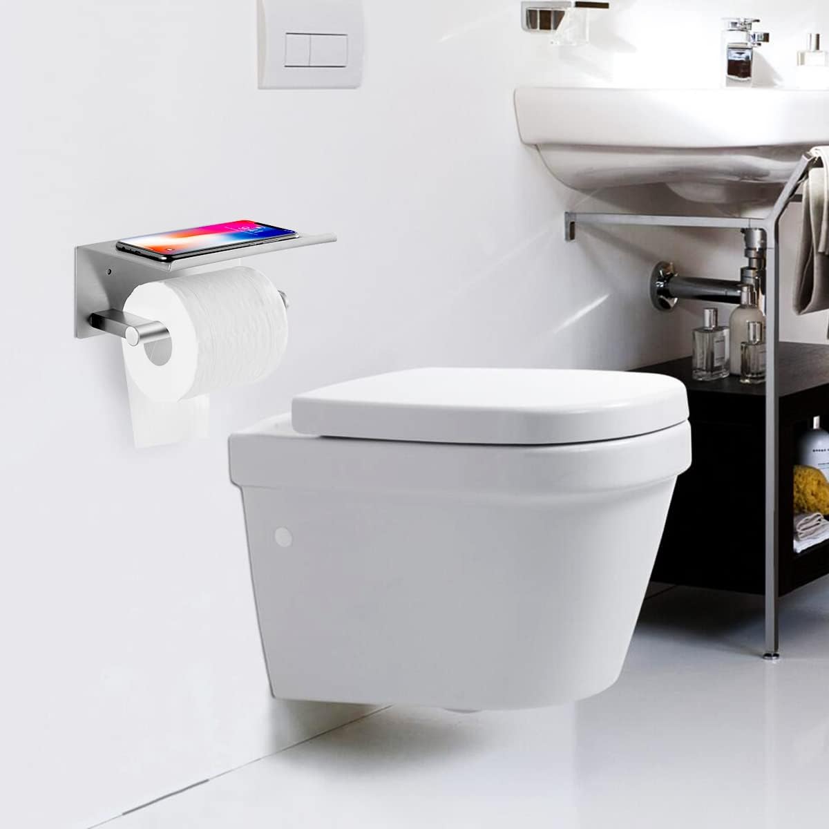 Toilet Paper Holder with Shelf, Wall Mounted Adhesive Holder for Bathroom, Tissue Roll Holder with Phone Storage Shelf