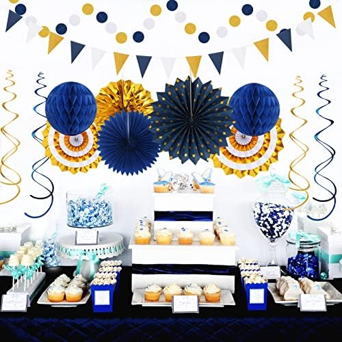Navy-Blue White-Gold Graduation Party-Decorations - 33pcs Kits Banner, Streamers Tassel Garland,Tissue Pom Poms Honeycomb, Paper Lantern Fans,Wedding Birthday Baby Shower Backdrop Ceiling Decor Hugtmr