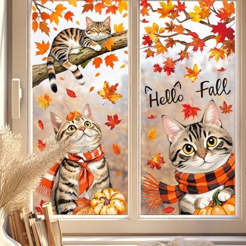 JarThenaAMCS 9 Sheets Hello Fall Window Clings Autumn Cat Maple Leaves Window Stickers Double-Sided Glass Decals for Thanksgiving Home Classroom Office Party Decoration