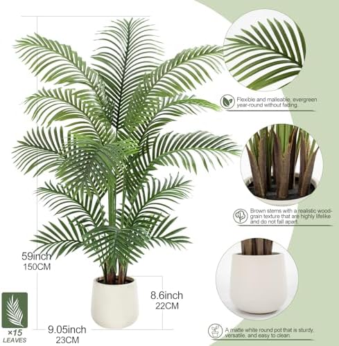 5ft Artificial Palm Tree Tall Faux Palm Tree Indoor Large Fake Plants with 15 Trunks Artificial Plants with White Pot
