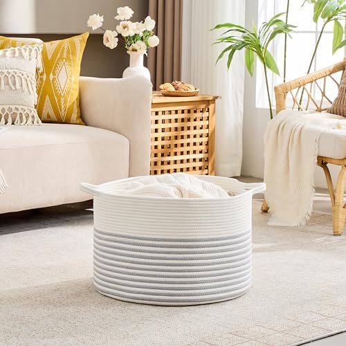 KAKAMAY Large Blanket Basket with Handles, Storage Basket for Living Room