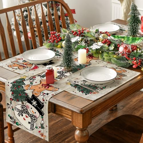 Artoid Mode Snowman Tree Gingerbread Wood Christmas Placemats Set of 4, 12x18 Inch Seasonal Winter Holiday Table Mats for Party Kitchen Dining Decoration