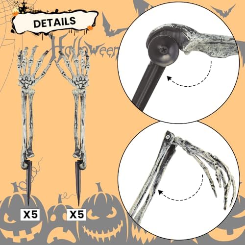 DIYDEC 10PCS Halloween Skeleton Arm Gray Hands Stakes for Outoor Decor