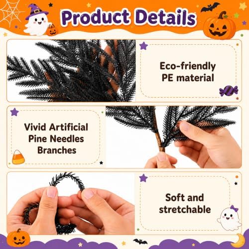 10 Pcs 18" Halloween Black Norfolk Pine Picks, Gothic Pine Branches Decor
