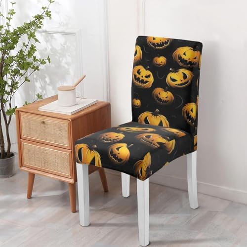 4 Pcs Halloween Dining Chair Covers, Spooky Pumpkin Stretch Removable Washable Seat Slipcovers, Horror Scary Kitchen Dining Room Hotel Decor