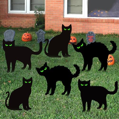 Halloween Decorations Outdoor 6 PCS Black Cat Yard Signs with Stakes Scary Silhouette with Glow in Eyes Waterproof for Yard Lawn Garden Indoor Home Halloween Decor