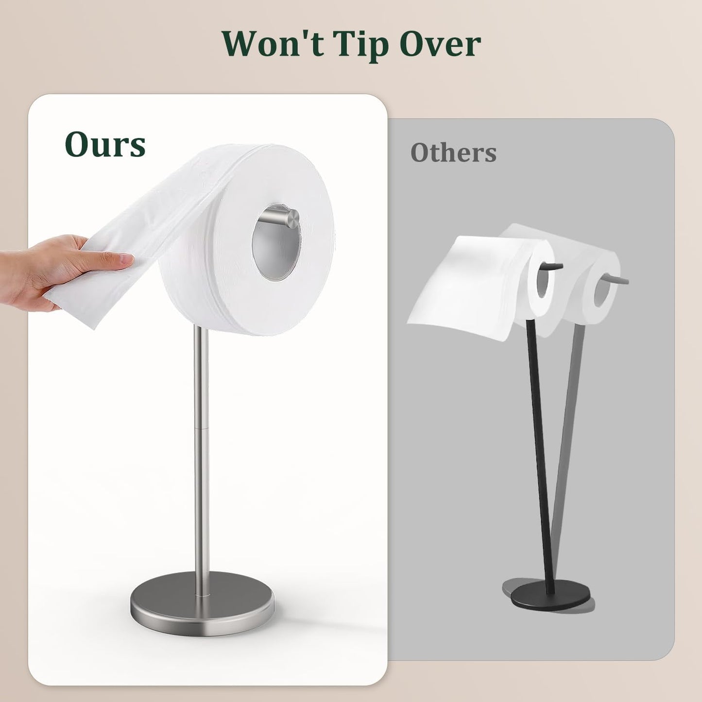 Brushed Nickel Toilet Paper Holder Stand Free Standing Tissue Roll Holder | Freestanding Toilet Paper Stand Storage for