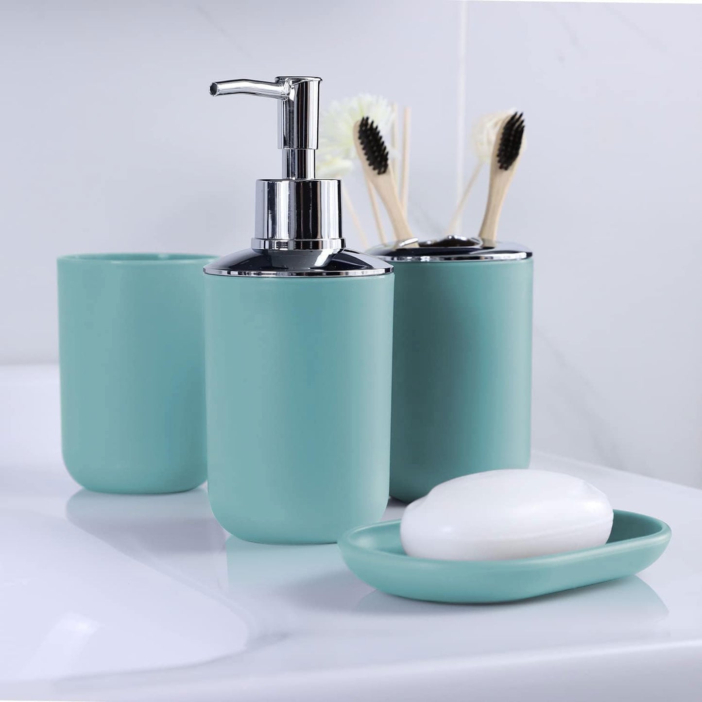 IMAVO Bathroom Accessories Set,Blue Bathroom Set,9 Pieces Bathroom Accessory Set,Tray,Qtip Holders,Toilet Brush,Trash