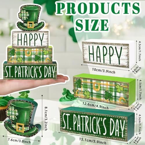 DIYDEC 4Pcs St.Patrick's Day Table Decoration Shamrocks Hat Wooden Block Signs Rustic St. Patrick Tiered Tray Decor Happy St.Patrick's Day Centerpiece Sign for Farmhouse Holiday Tabletop Party Decor