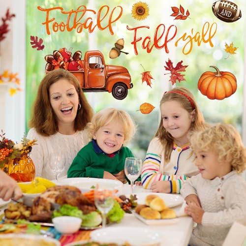 Whaline 6 Sheet Fall Football Window Clings Fall Y'all Reusable Window Decals Maple Leaves Pumpkin Truck Glass Sticker for Autumn Thanksgiving School Office Supplies Home Decor