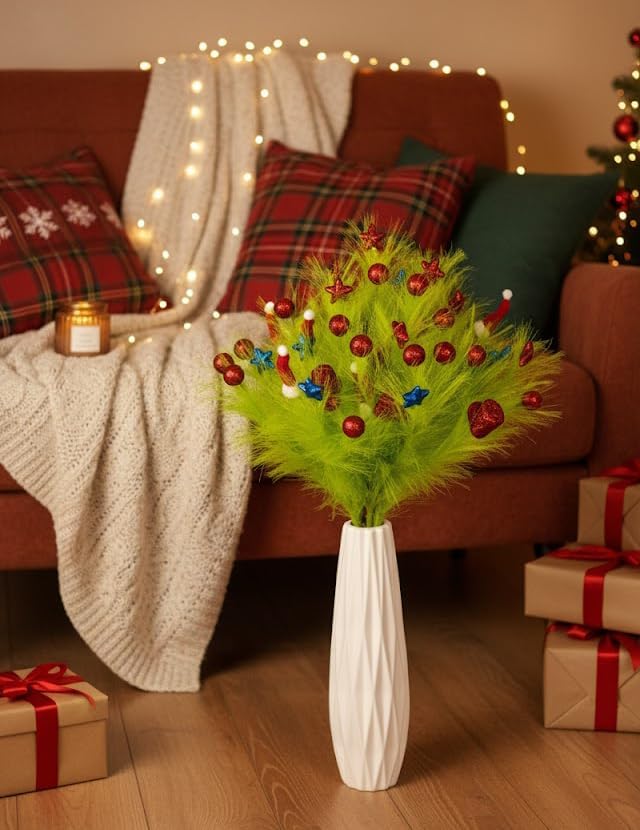 Green Faux Pampas Grass Décor 36"/ 54-Sprigs Large Artificial Pompas / Red&green / 3 Inch / Set of 6