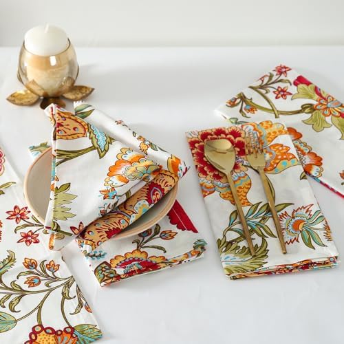 TARAN LIVING Napkins Fall Printed Cotton Cloth Napkin Reusable Boho Dinner Napkin Set Washable Dish Napkin for Gifts, Home Decor, Hotel, New Year Party - Kaveri - Set of 6, 20x20 Inches