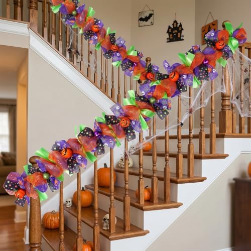 Halloween Garland for Mantle with Pumpkin Mesh Ribbons 6Ft