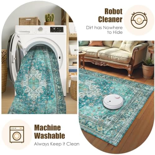 Washable Area Rug 8' x 10' Vintage Traditional Persian Mat - Foldable Distressed Non-Slip Machine Washable Carpet for