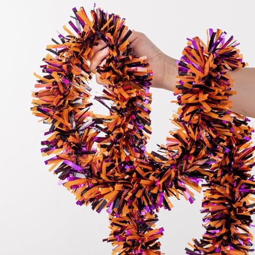 33FT Halloween Tinsel Garland, Black Purple Orange Metallic Twist Foil Tinsel Garland Shiny Hanging Decorations for Halloween Party Decoration Supply