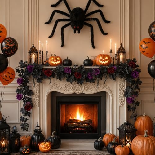 Mega-L Halloween Garland, 2 Pack Black Maple Leaf with Rose Halloween Decor