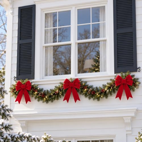 12 Pcs Golden Edged Red Velvet Tree Topper Bows, Large Christmas Wreath Bow