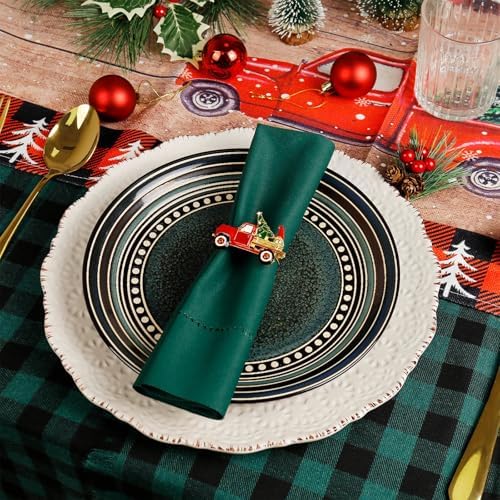 Christmas Car and Tree Napkin Rings Set of 6, Gnomes Xmas Truck and Tree Festive Holiday Red and Green Napkin Rings Holder for Christmas,Thanksgiving,Dinner Party Table Decoration