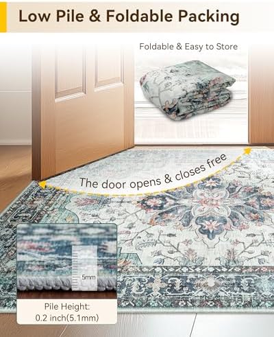 RELEANY Washable Area Rug, 7'x9', Teal Green/White/Navy