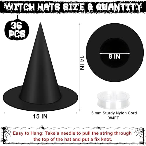 36 PCS Witch Hats, Black Witches Hat Halloween Decorations Ceiling Porch