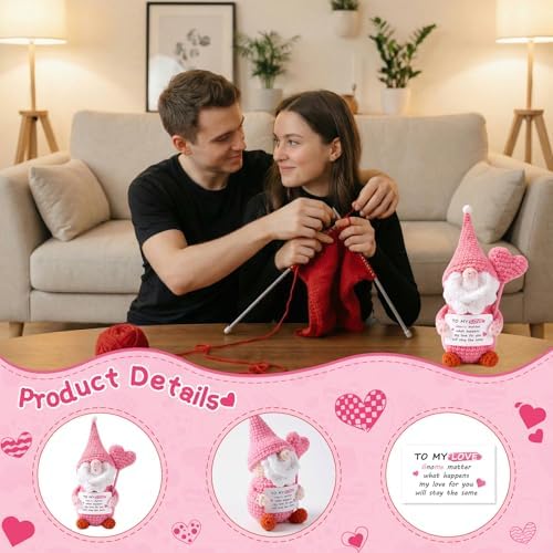 to My Love Crochet Gnome, Handmade Pink Romantic Gnome Decor for Valentines Day Anniversary Graduation, Emotional Support Desk with Love Message Card, Pink Heart Gnome Gift for Her