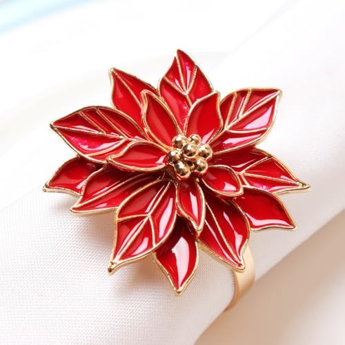 Christmas Poinsettia Napkin Rings Set of 6 Holders with Red Flowers, Christmas Napkin Rings Dinning Table Setting for Wedding Party Holiday Banquet Decor(Bows-6pcs)