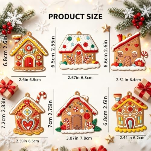 6Pcs Gingerbread House Ornament, Christmas Tree Ornament Rustic Farmhouse Gingerbread House Decor House Pendants for Holiday Party Favor