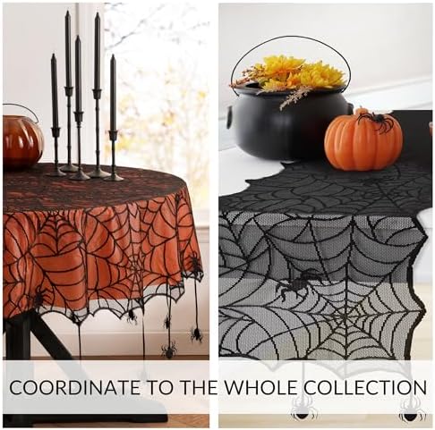Crawling Halloween Spider Lace Lined Tablecloth, Black - 70" W x 70" L Round