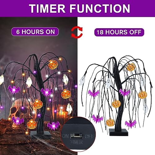 Halloween Table Decorations 18 Inch 36 LED Halloween Willow Tree with Pumpkin Bat Ghost Lights, Timer/USB/Battery Operated Black Halloween Tree Spooky Halloween Decorations Indoor Home Party Room Gift