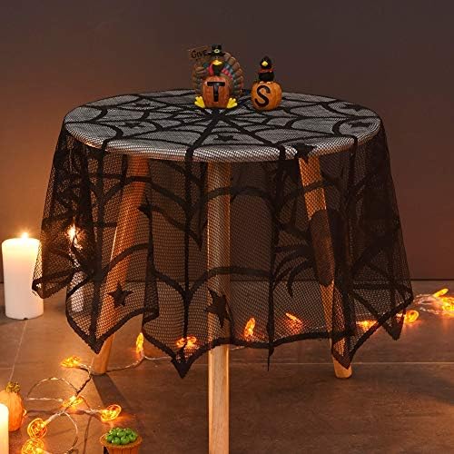 Lulu Home Halloween Table Cover, Round Black Spider Web Halloween Table Toppers for Festival Party Decoration