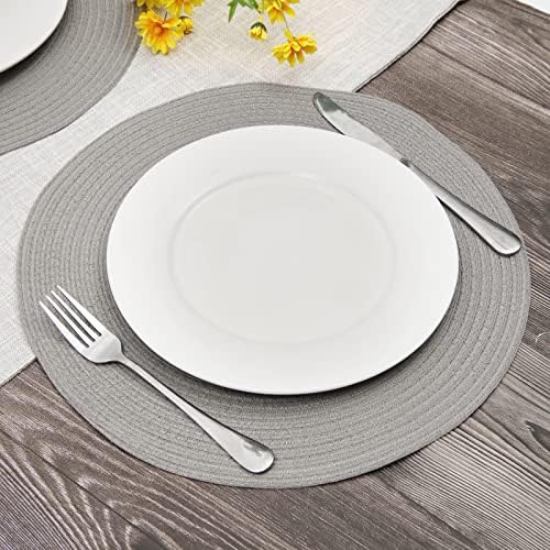 SHACOS Round Braided Placemats Set of 6 Thick Fabric Circle Grey Place Mats Woven Table Mats for Dining Tables 15 inch (Gray, 6)