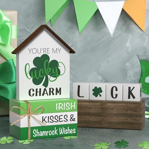 St. Patrick's Day Decorations Shamrock Faux Books, 8 Pcs St. Patricks Day Tiered Tray Decor Book Stack Lucky Wooden Signs, Farmhouse Rustic Wooden Decor for Home Kitchen Table