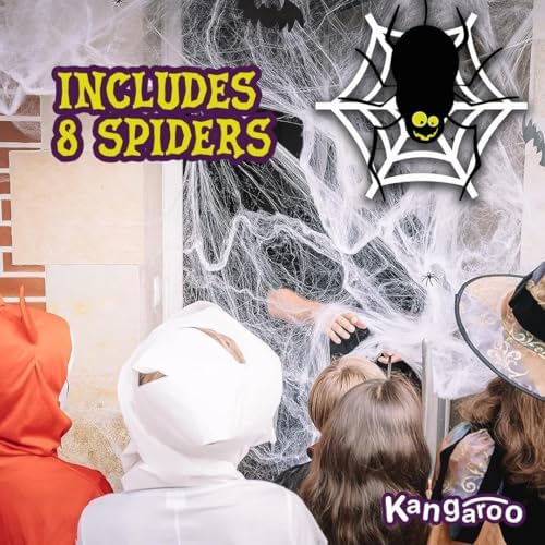 Kangaroo 800 Sq Ft Fake Spider webs with 4 Fake Spiders for Halloween Decor