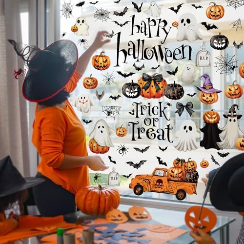 9 Sheets Halloween Decorations Window Clings, Scary Pumpkin Ghost Bats Spiders Stickers Decals, Double Sided Printed Halloween Decals Decor for Home Office Door Glasses Party Favors Supplies