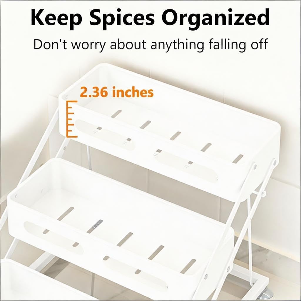 Ceetug 3 Tier Foldable Spice Rack, White | Iron, For Countertop, Kitchen Seasoning Organizer, For Cabinet