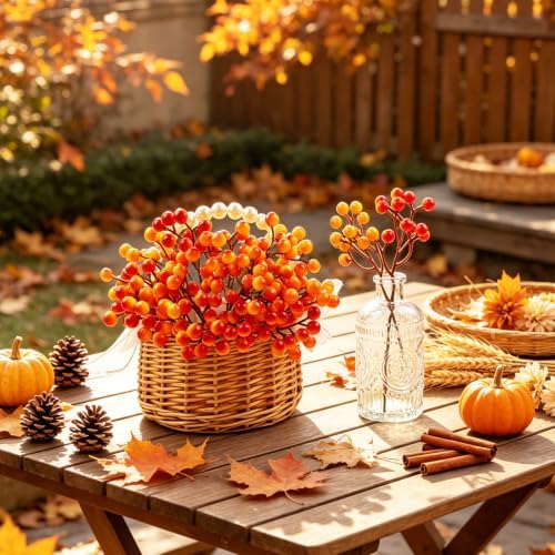 Fangoo 20 Pack 7 Inch Fall Artificial Orange Berry Stems Orange Berries Picks Holly Berry Branches Decorations for Tree Ornaments Fall Bouquets Wreath DIY Crafts Thanksgiving Harvest Autumn Home Decor