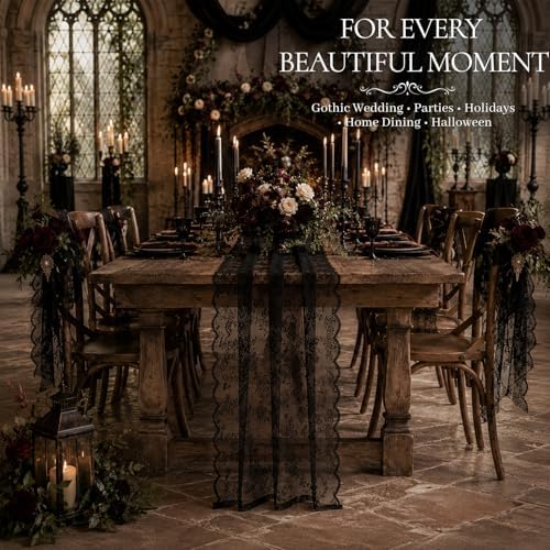 Black Lace Table Runner with Floral Embroidered (3pcs, 28”x118”)