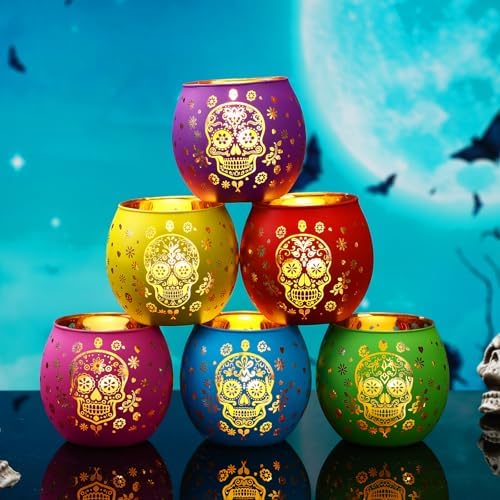 Jingmore 6 Pcs Glass Votive Holders, Sugar Skull, Multicolor