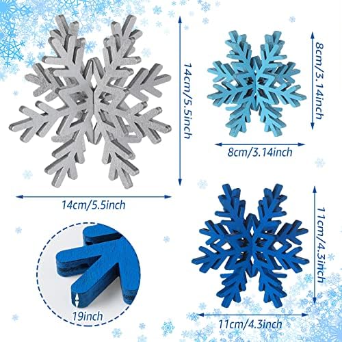 Bucherry 12 Pcs Wooden Snowflakes Table Decor,Silver, Blue