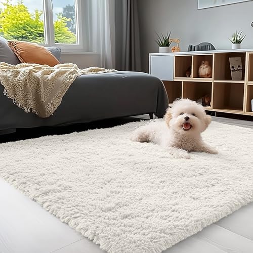 OLANLY 4x8 Area Rugs for Living Room Bedroom, Machine Washable Soft Fluffy Shaggy Bedside Rug, Indoor Floor Carpet for