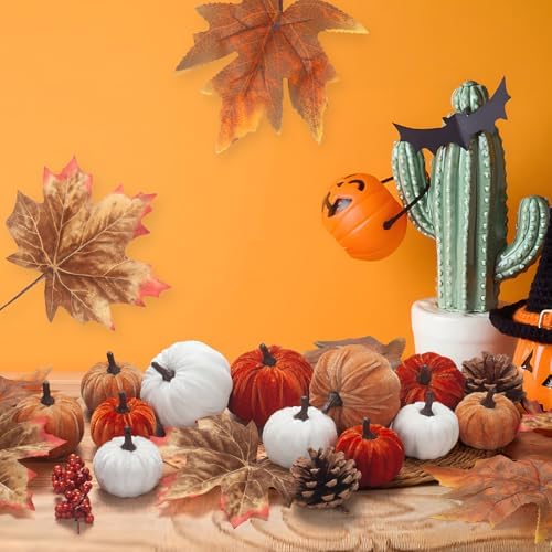 21 PCS Fall Artificial Velvet Pumpkins Set, Fake Fabric Pumpkin Faux Foam Pumpkins, Orange Khaki White Pumpkin Decorations for Fall Harvest Thanksgiving Farmhouse Mantel Centerpiece