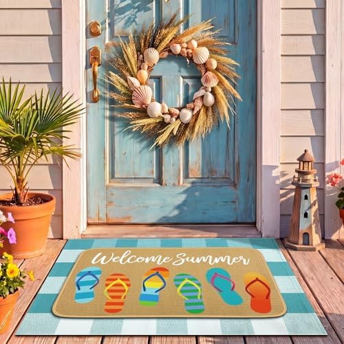 Tinideya 2 Pcs Summer Flip Flop Door Mat Outdoor Layered Entrance Rug