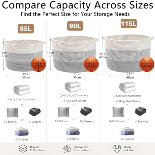 65L Large Blanket Basket,Woven Rope Laundry Basket-Grey