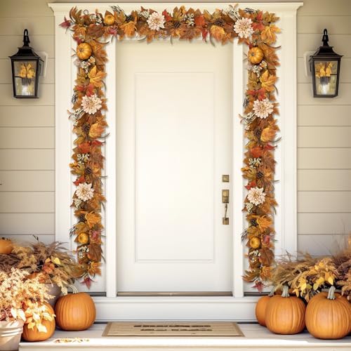 Fall Garland 6Ft Lifelike Autumn Maples Leaf Pumpkin Garland with Berries Pine Cones, Fall Decorations for Home Thanksgiving Halloween Fireplace Farmhouse Porch Indoor Outdoor Decorations