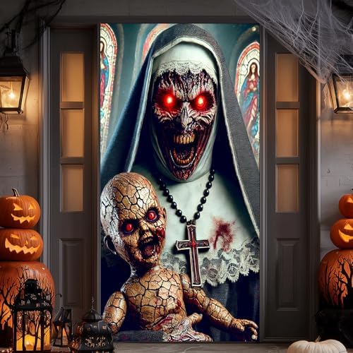 IVN Halloween Creepy Nun Doll Door Cover Decorations 35x71 Inch