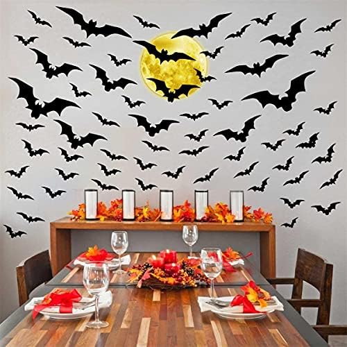 Halloween Moon Wall Decal Vinyl Bat Wall Stickers Clings Black Bats Decor