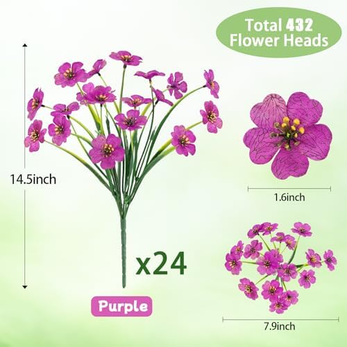 24 Bundles Artificial Flowers for Outdoors UV Resistant Faux Plants, Purple
